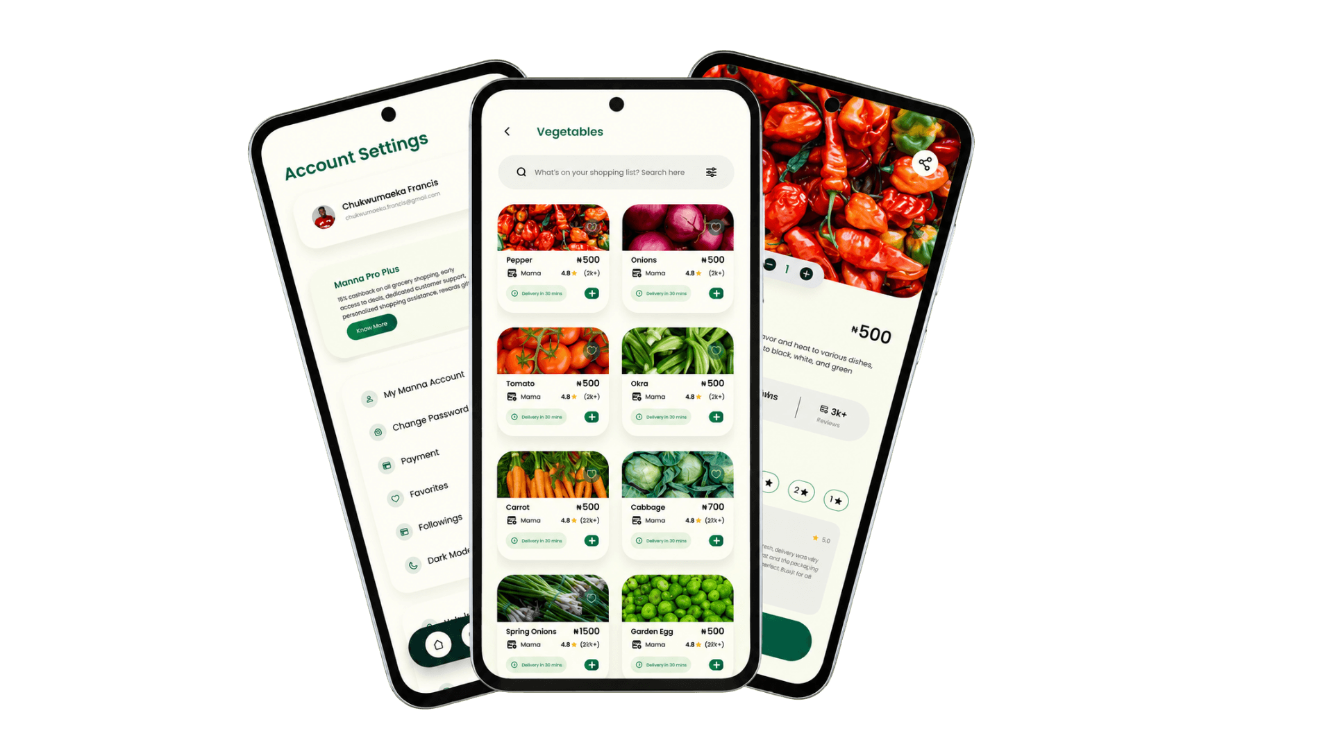 Manna grocery delivery phone screens